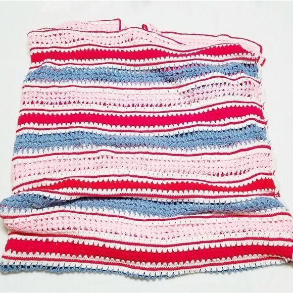 VINTAGE 1970s King Size Pastel Blue Pink Crochet Striped Afghan Comforter - Picture 2 of 7